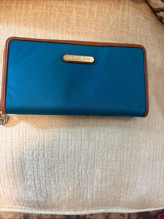 Michael Kors Handbags - Michael Kors Teal Zip-Around Wallet with Brown Trim